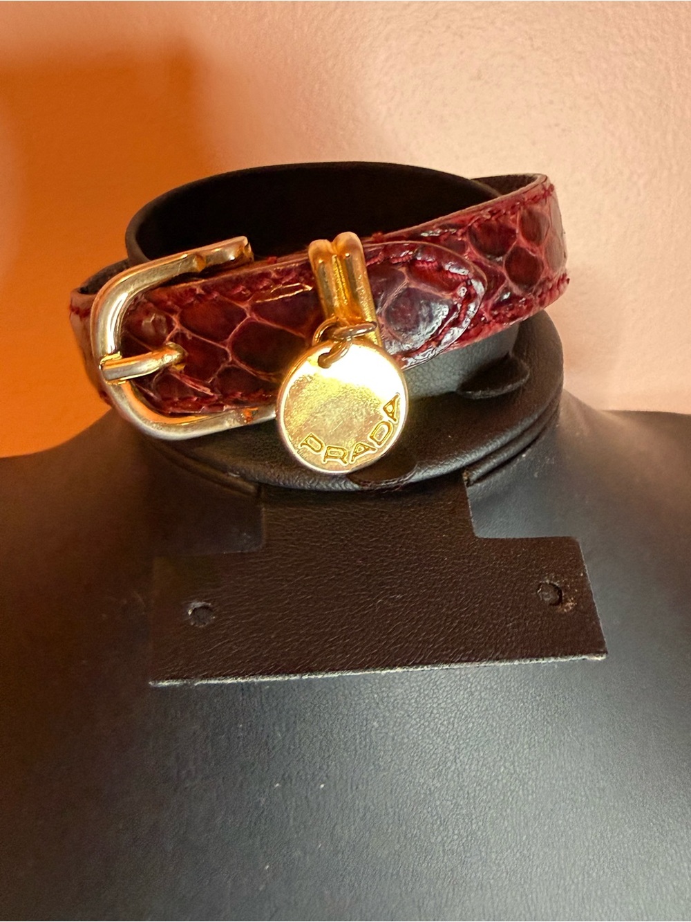 Prada Burgundy Croc-Embossed Leather Bracelet with Gold Disc Charm